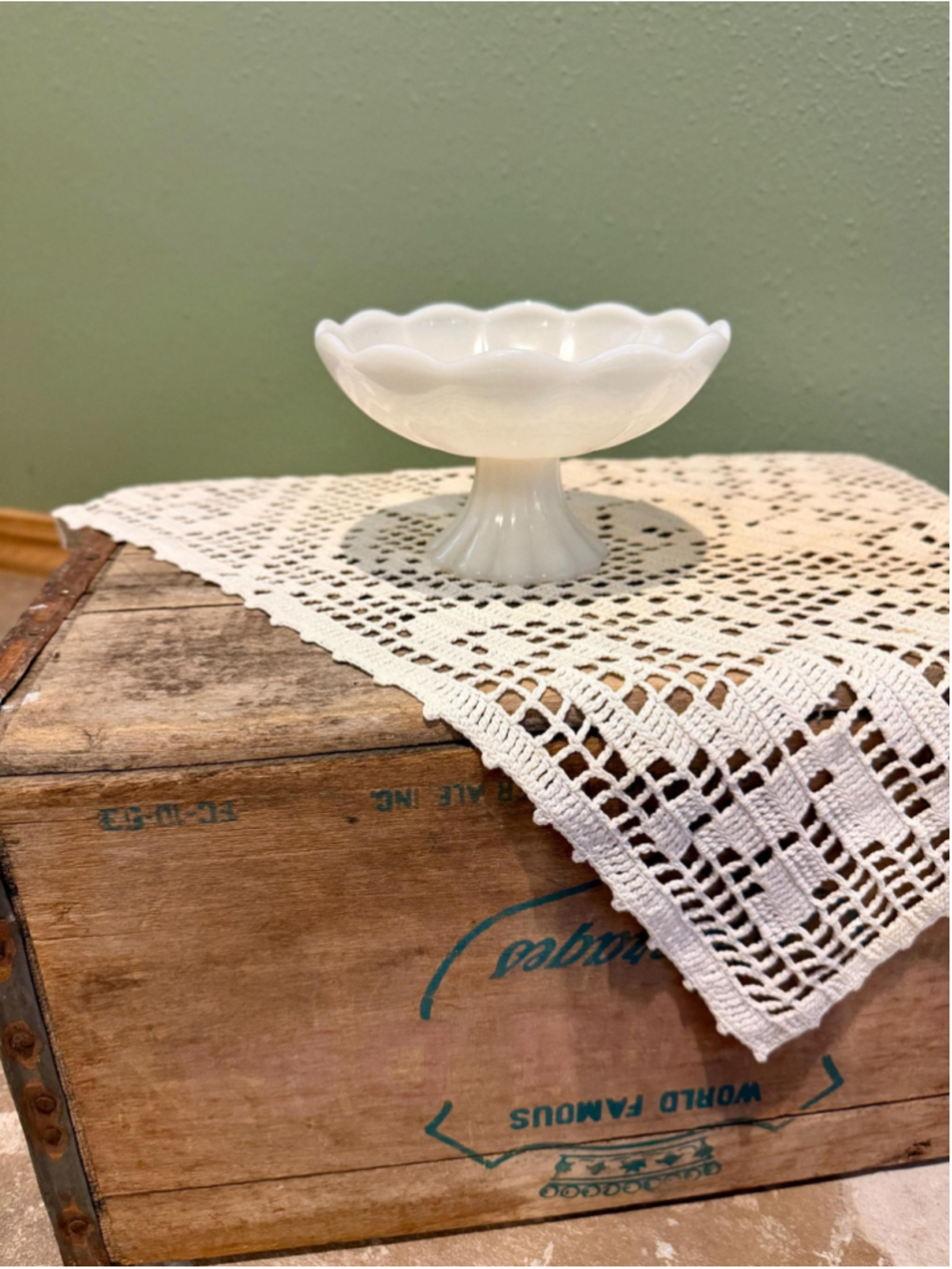 Vintage White Milk Glass Pedestal Compote Dish | Scalloped Rim Pedestal Candy Bo